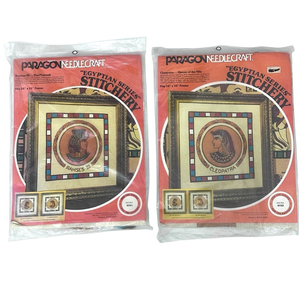 VTG Paragon Egyptian Crewel Craft Embroidery Kit Ramses III & Cleopatra Lot Of 2